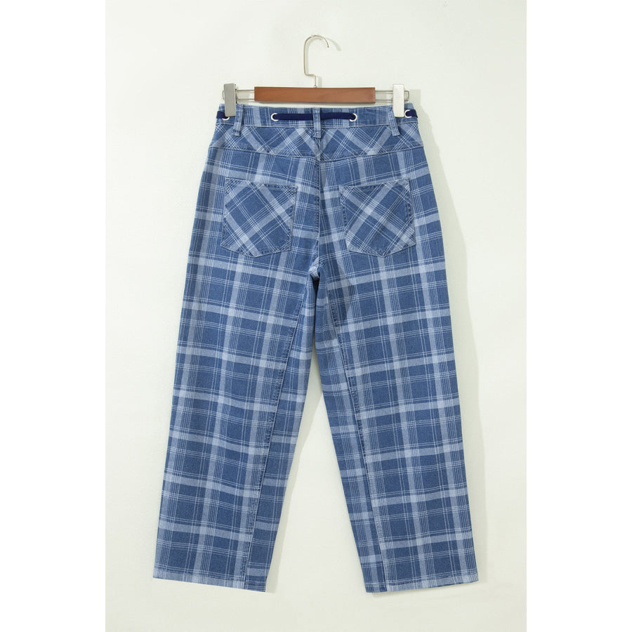 Sky Blue Plaid Denim Grommet Drawstring Waist Ankle-Length Jeans Bottoms/Jeans
