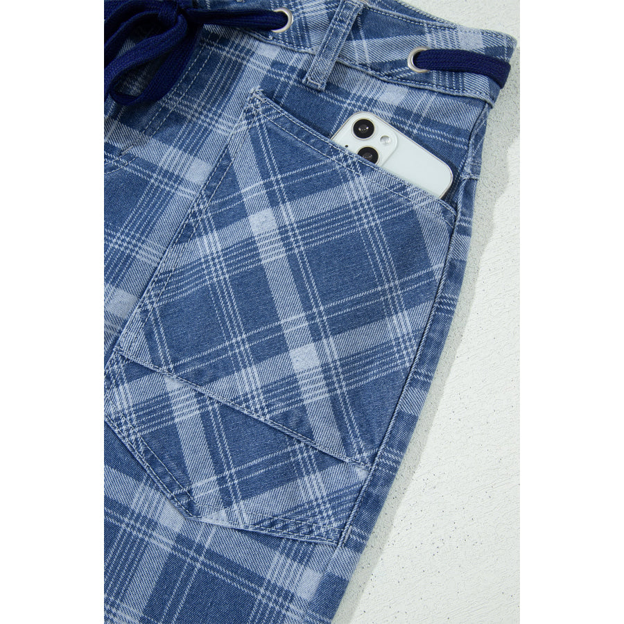Sky Blue Plaid Denim Grommet Drawstring Waist Ankle-Length Jeans Bottoms/Jeans