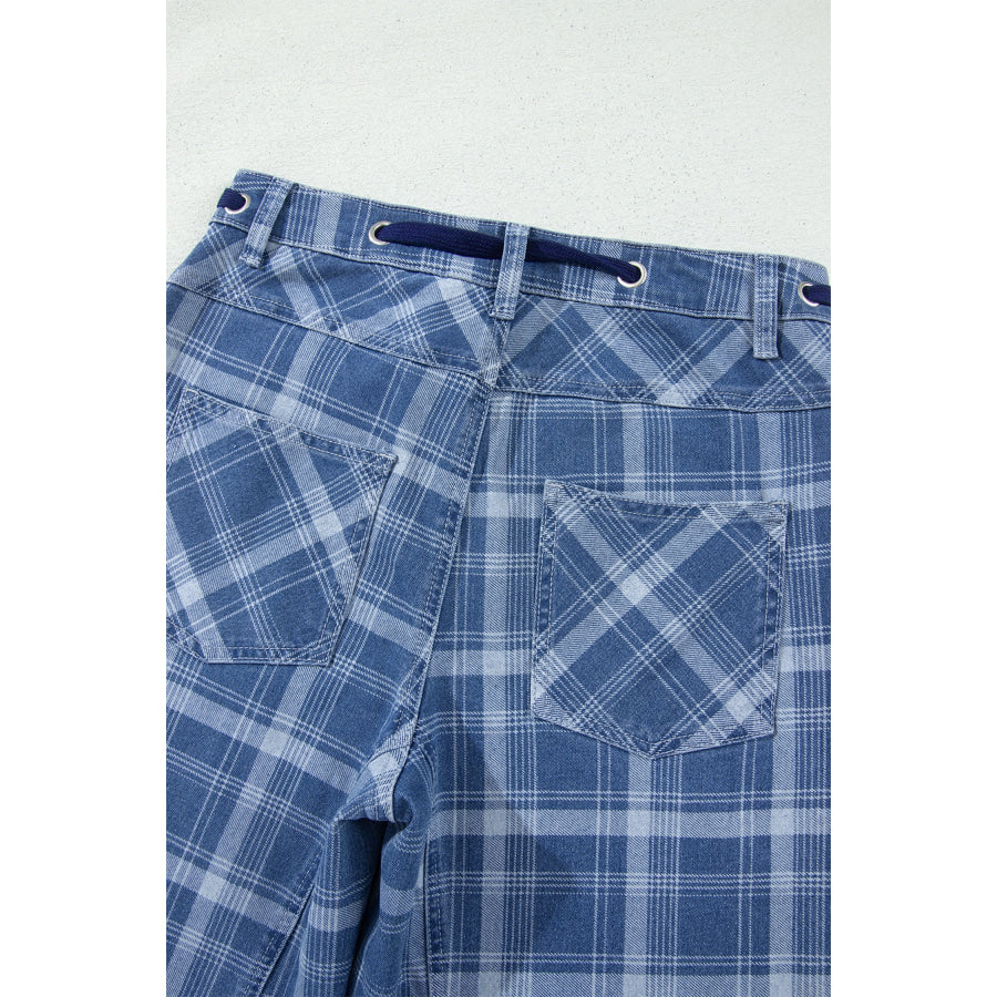 Sky Blue Plaid Denim Grommet Drawstring Waist Ankle-Length Jeans Bottoms/Jeans