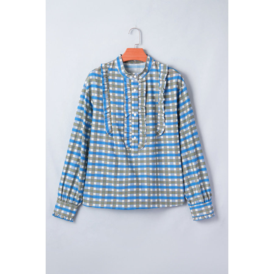 Sky Blue Plaid Long Sleeve Frilled Detail Half Button Blouse Tops/Blouses & Shirts