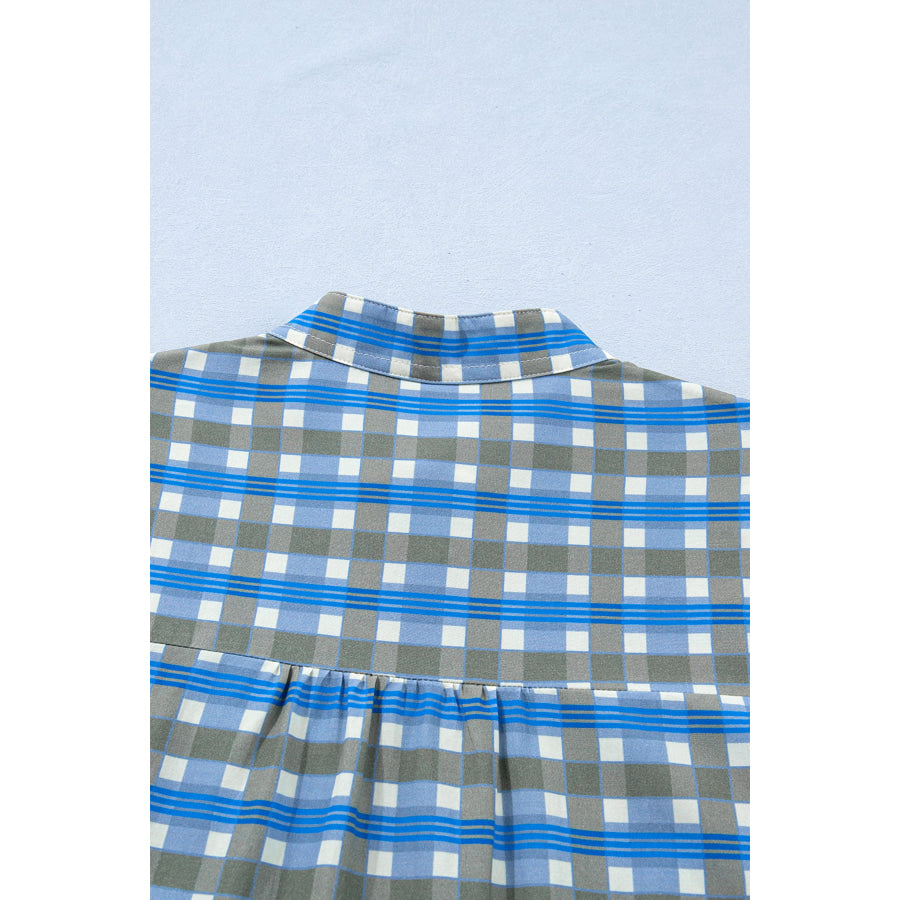 Sky Blue Plaid Long Sleeve Frilled Detail Half Button Blouse Tops/Blouses & Shirts