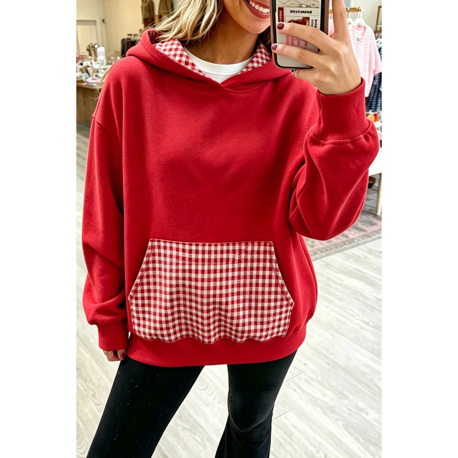 Sky Blue Plaid Patchwork Front Pocket Casual Hoodie Racing Red / S / 65% Polyester + 35% Cotton Tops/Sweatshirts & Hoodies