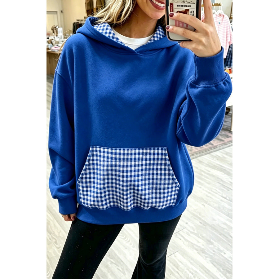 Sky Blue Plaid Patchwork Front Pocket Casual Hoodie / S / 65% Polyester + 35% Cotton Tops/Sweatshirts & Hoodies