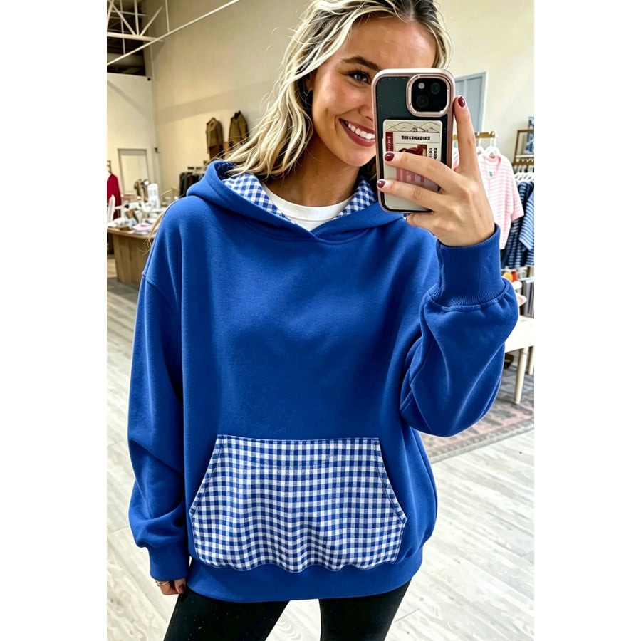 Sky Blue Plaid Patchwork Front Pocket Casual Hoodie / S / 65% Polyester + 35% Cotton Tops/Sweatshirts & Hoodies