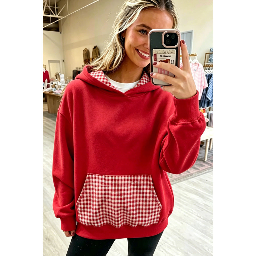 Sky Blue Plaid Patchwork Front Pocket Casual Hoodie Tops/Sweatshirts & Hoodies