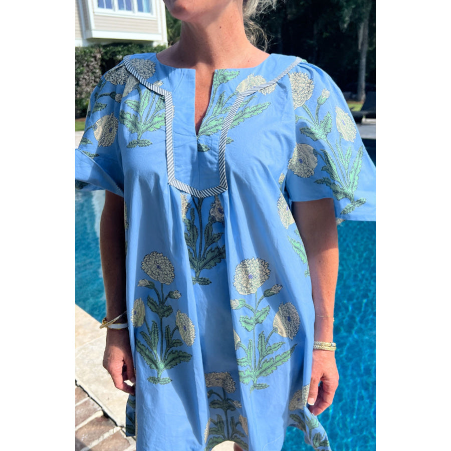 Sky Blue Plus Periwinkle Floral Printed Short Sleeve Striped Trim Split Neck Mini Dress Sky Blue / 1X / 50% Viscose + 50% Cotton Plus