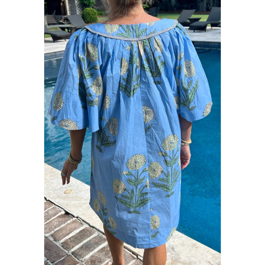 Sky Blue Plus Periwinkle Floral Printed Short Sleeve Striped Trim Split Neck Mini Dress Sky Blue / 1X / 50% Viscose + 50% Cotton Plus