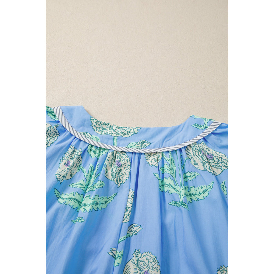 Sky Blue Plus Periwinkle Floral Printed Short Sleeve Striped Trim Split Neck Mini Dress Plus Size/Plus Size Dresses/Plus Size Mini Dresses