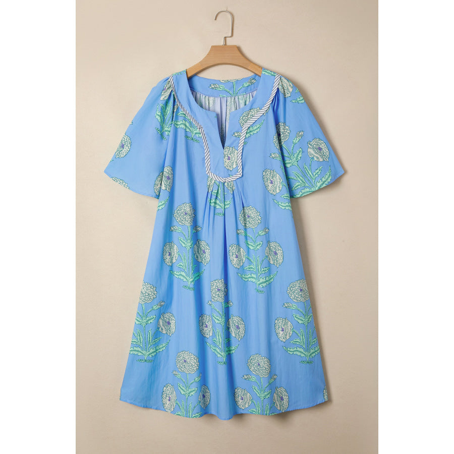 Sky Blue Plus Periwinkle Floral Printed Short Sleeve Striped Trim Split Neck Mini Dress Plus Size/Plus Size Dresses/Plus Size Mini Dresses
