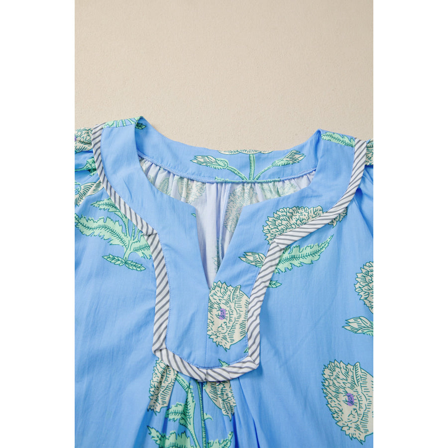Sky Blue Plus Periwinkle Floral Printed Short Sleeve Striped Trim Split Neck Mini Dress Plus Size/Plus Size Dresses/Plus Size Mini Dresses