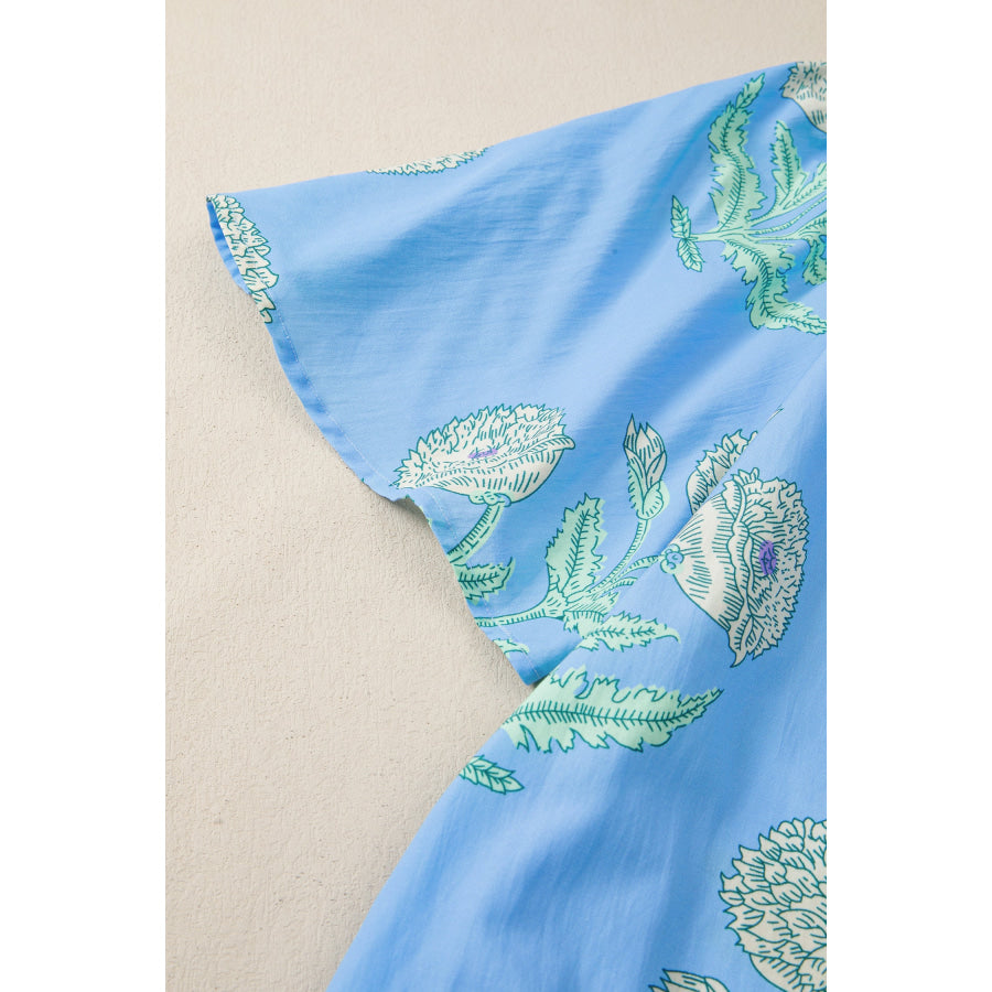 Sky Blue Plus Periwinkle Floral Printed Short Sleeve Striped Trim Split Neck Mini Dress Plus Size/Plus Size Dresses/Plus Size Mini Dresses
