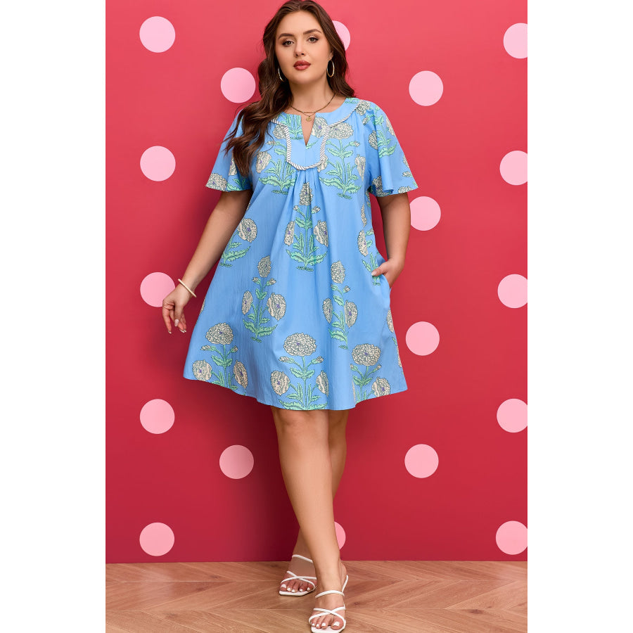 Sky Blue Plus Periwinkle Floral Printed Short Sleeve Striped Trim Split Neck Mini Dress Plus Size/Plus Size Dresses/Plus Size Mini Dresses
