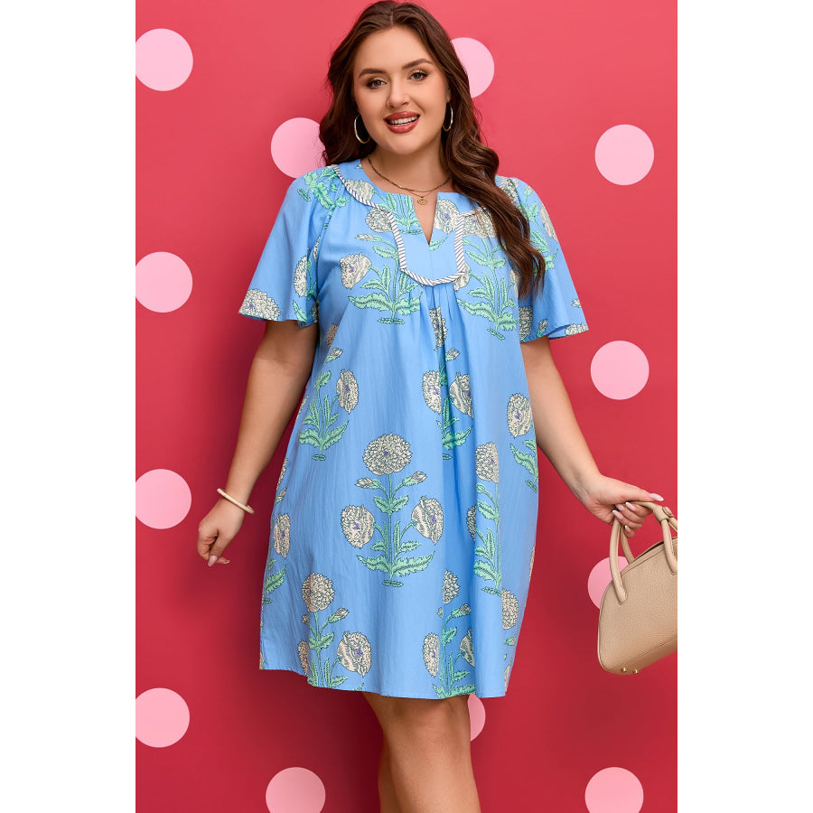 Sky Blue Plus Periwinkle Floral Printed Short Sleeve Striped Trim Split Neck Mini Dress Plus Size/Plus Size Dresses/Plus Size Mini Dresses