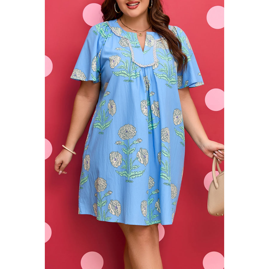 Sky Blue Plus Periwinkle Floral Printed Short Sleeve Striped Trim Split Neck Mini Dress Plus Size/Plus Size Dresses/Plus Size Mini Dresses