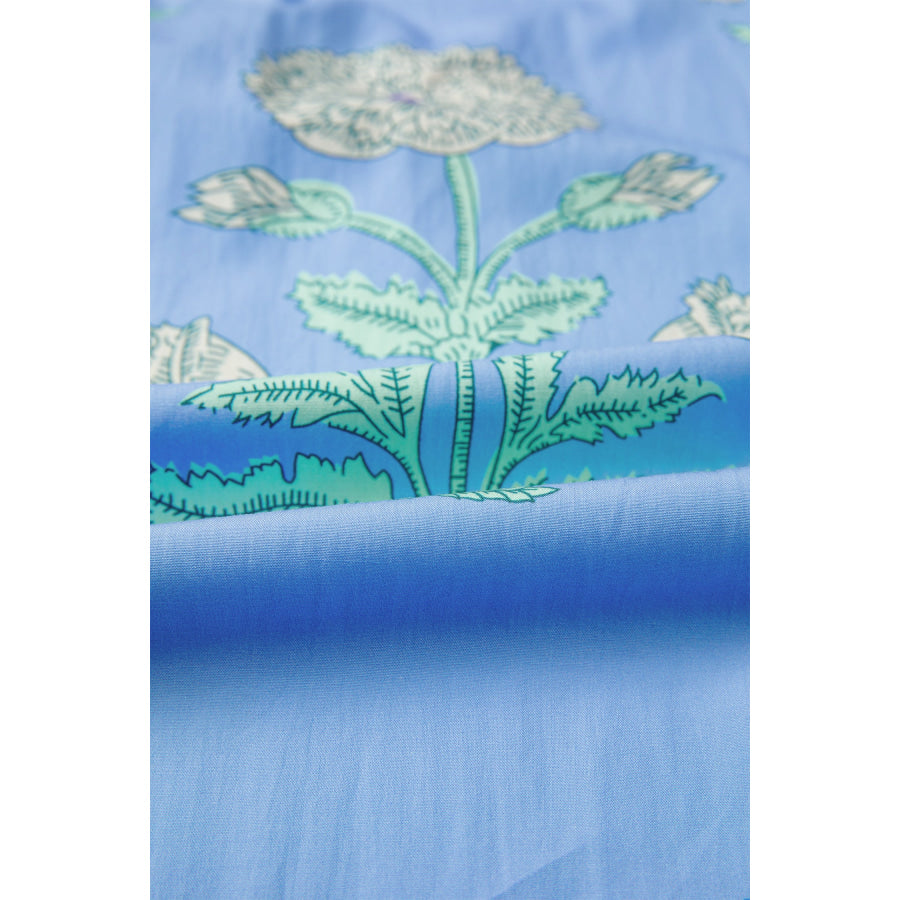Sky Blue Plus Periwinkle Floral Printed Short Sleeve Striped Trim Split Neck Mini Dress Plus Size/Plus Size Dresses/Plus Size Mini Dresses