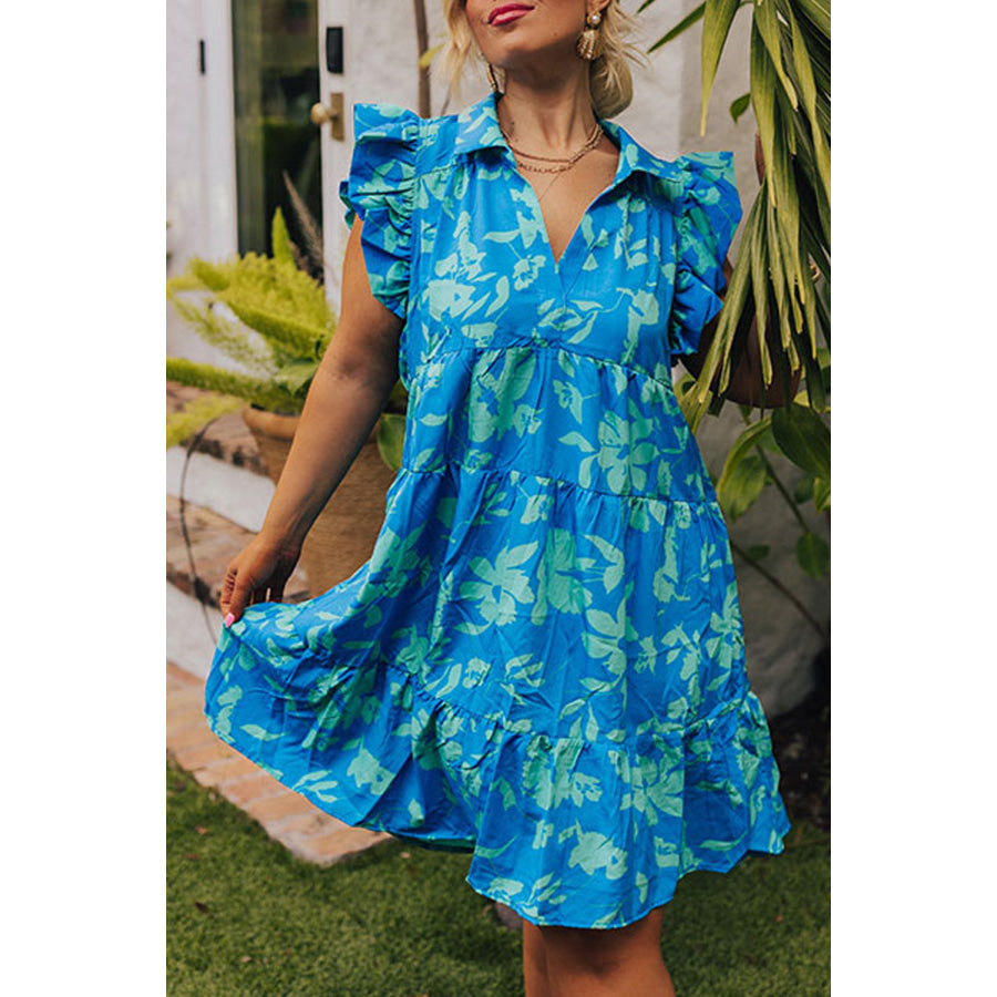 Sky Blue Plus Size Floral Print Flutter Sleeve Buttoned Mini Dress Sky Blue / 1X / 100% Polyester Plus Size/Plus Size Dresses/Plus Size