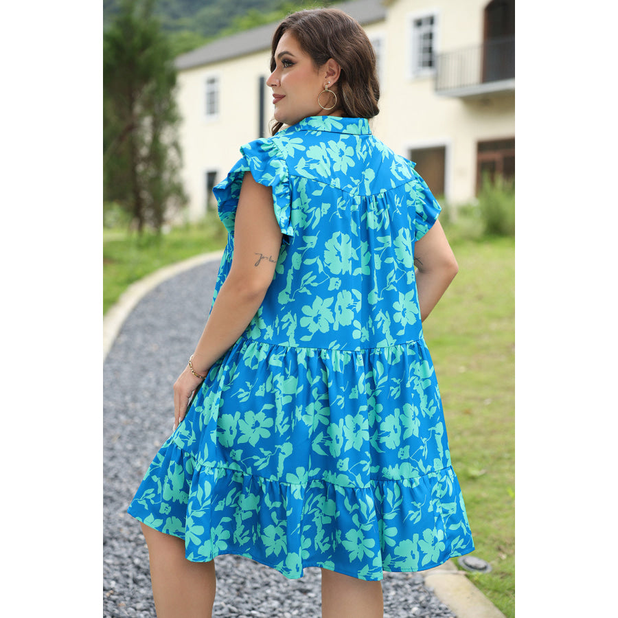 Sky Blue Plus Size Floral Print Flutter Sleeve Buttoned Mini Dress Plus Size/Plus Size Dresses/Plus Size Mini Dresses