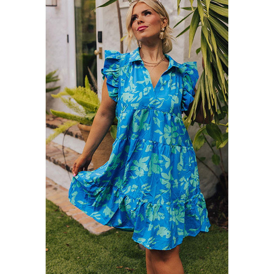 Sky Blue Plus Size Floral Print Flutter Sleeve Buttoned Mini Dress Plus Size/Plus Size Dresses/Plus Size Mini Dresses