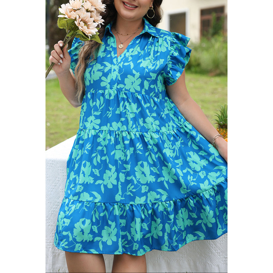 Sky Blue Plus Size Floral Print Flutter Sleeve Buttoned Mini Dress Plus Size/Plus Size Dresses/Plus Size Mini Dresses