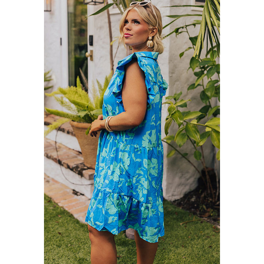 Sky Blue Plus Size Floral Print Flutter Sleeve Buttoned Mini Dress Plus Size/Plus Size Dresses/Plus Size Mini Dresses