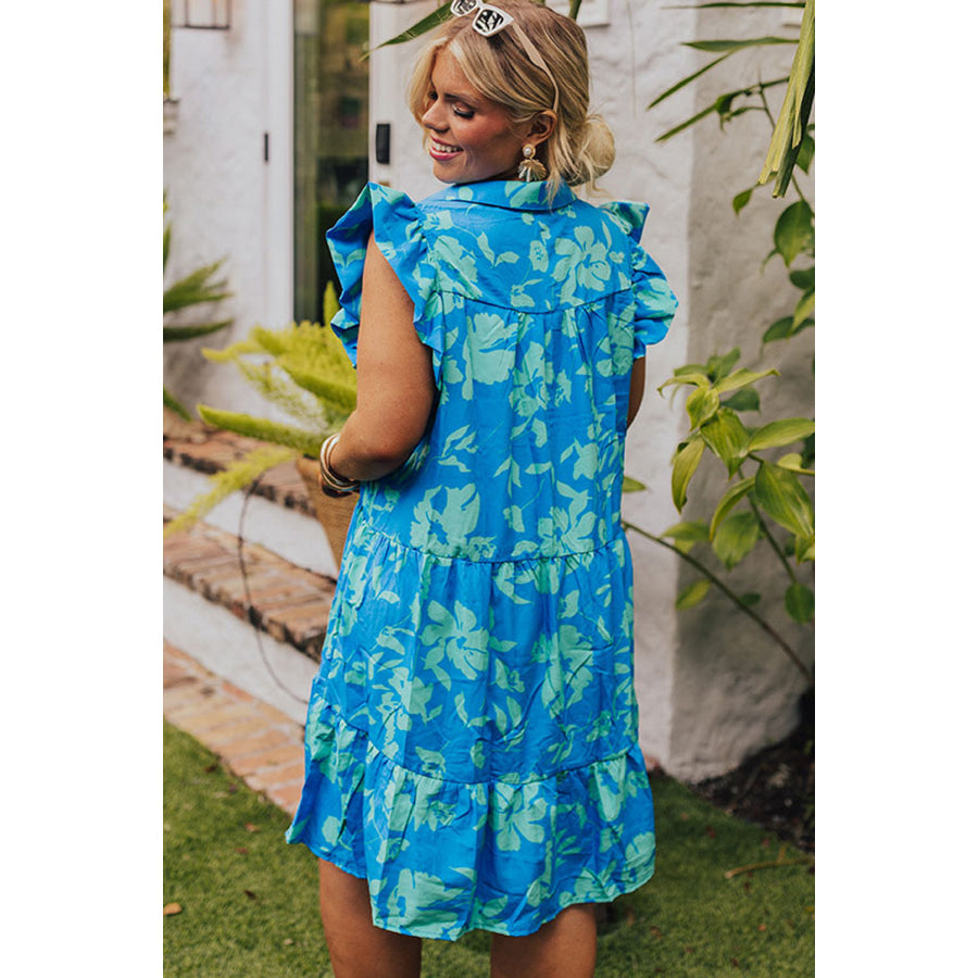 Sky Blue Plus Size Floral Print Flutter Sleeve Buttoned Mini Dress Plus Size/Plus Size Dresses/Plus Size Mini Dresses