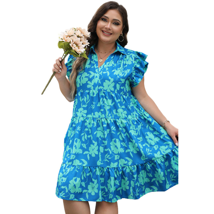 Sky Blue Plus Size Floral Print Flutter Sleeve Buttoned Mini Dress Plus Size/Plus Size Dresses/Plus Size Mini Dresses