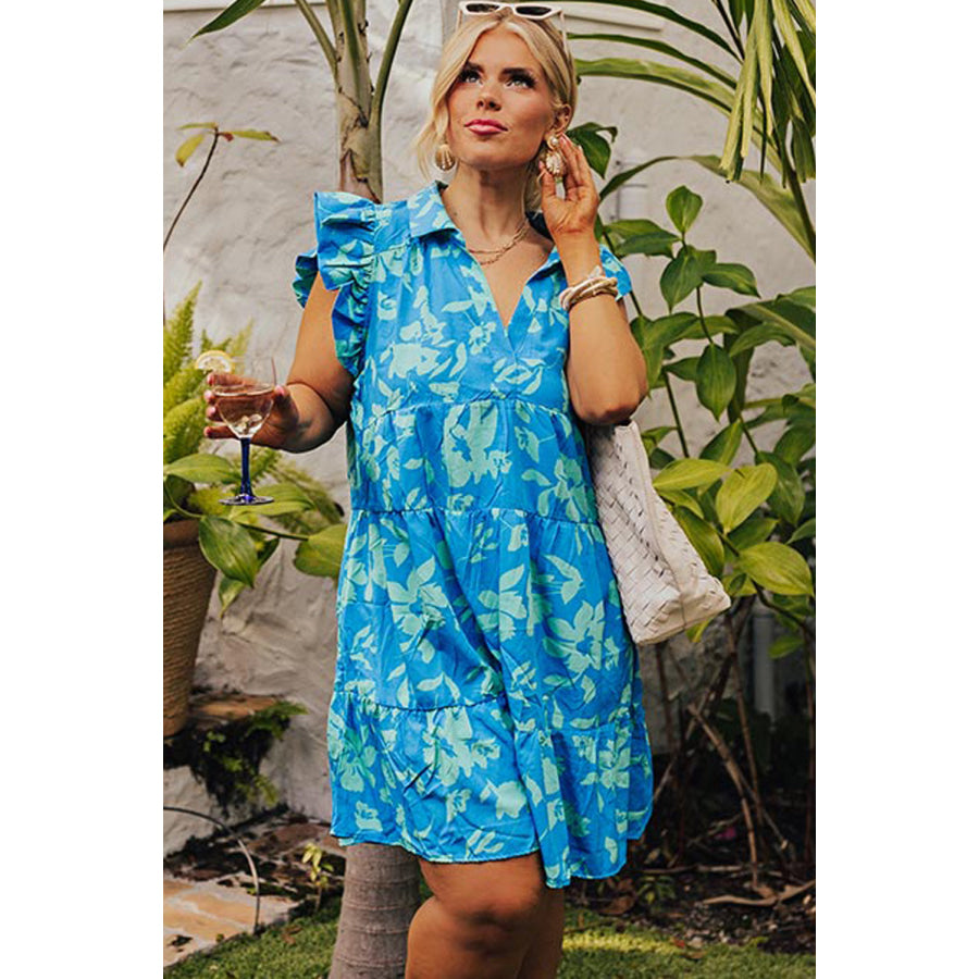 Sky Blue Plus Size Floral Print Flutter Sleeve Buttoned Mini Dress Plus Size/Plus Size Dresses/Plus Size Mini Dresses