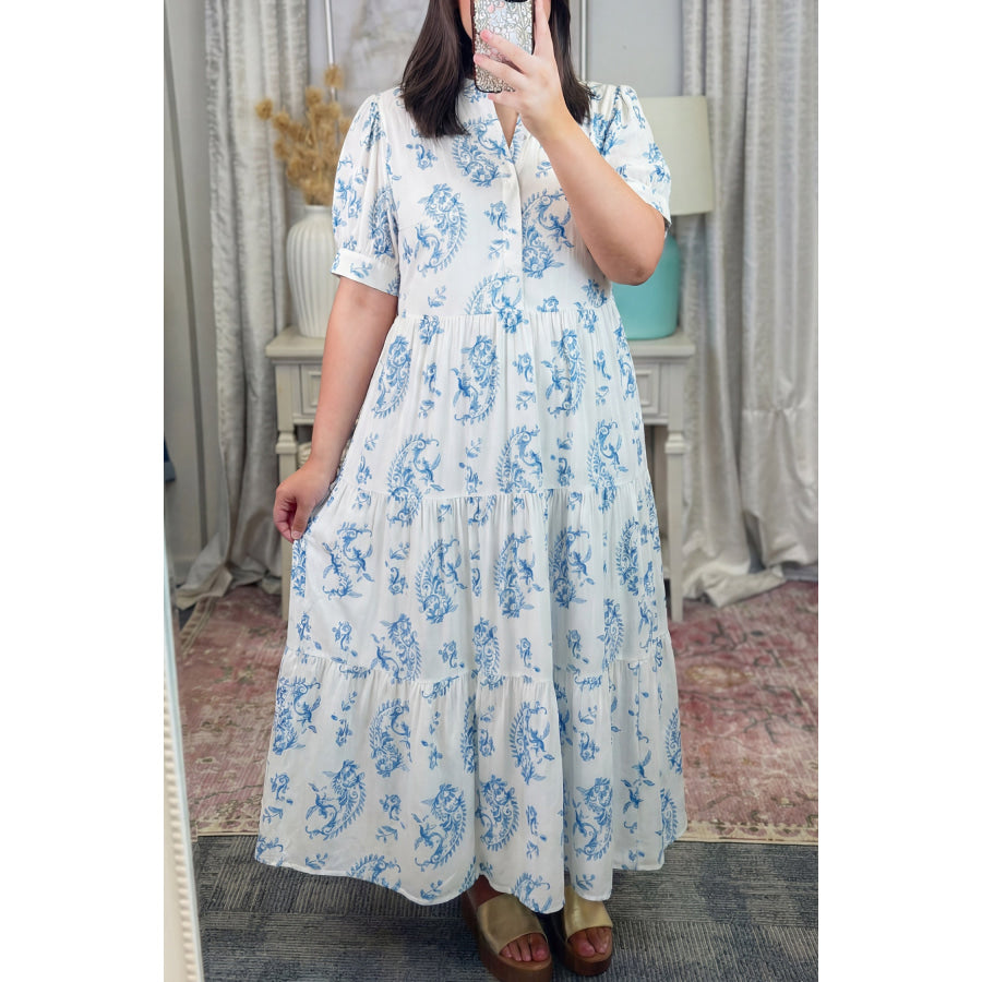 Sky Blue Plus Size Geometric Floral Print Button Split Neck Short Sleeve Maxi Dress Sky Blue / 1X / 100% Viscose Plus Size/Plus Size