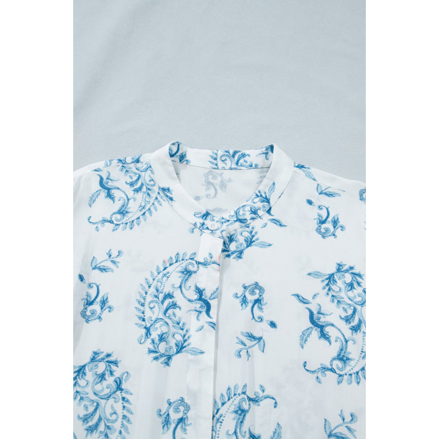 Sky Blue Plus Size Geometric Floral Print Button Split Neck Short Sleeve Maxi Dress Plus Size/Plus Size Dresses/Plus Size Maxi Dresses