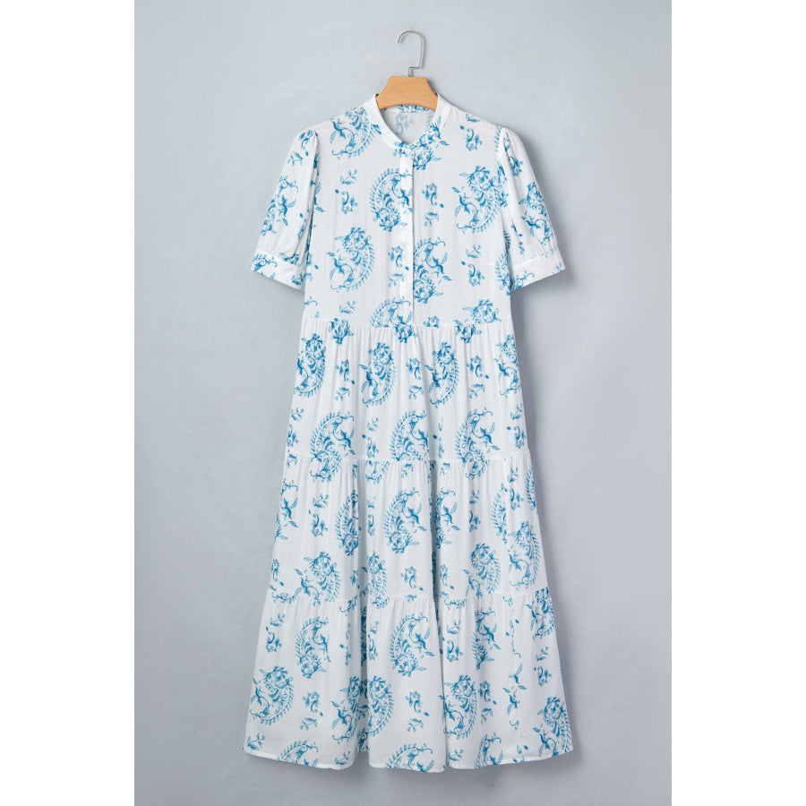 Sky Blue Plus Size Geometric Floral Print Button Split Neck Short Sleeve Maxi Dress Plus Size/Plus Size Dresses/Plus Size Maxi Dresses