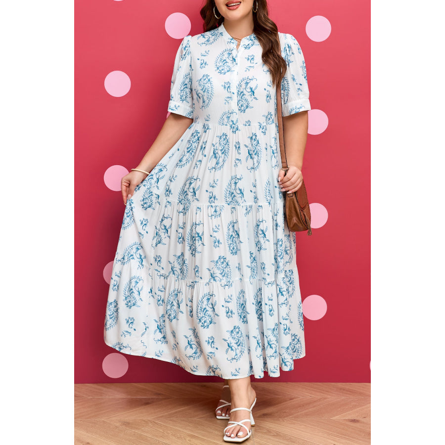 Sky Blue Plus Size Geometric Floral Print Button Split Neck Short Sleeve Maxi Dress Plus Size/Plus Size Dresses/Plus Size Maxi Dresses