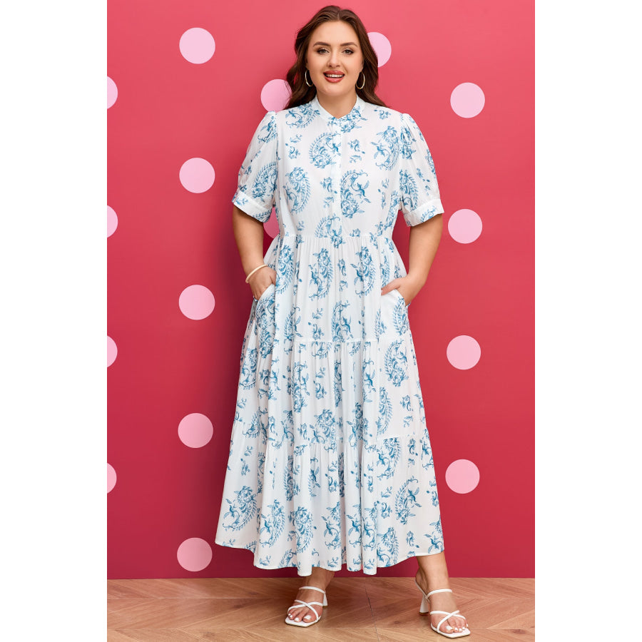 Sky Blue Plus Size Geometric Floral Print Button Split Neck Short Sleeve Maxi Dress Plus Size/Plus Size Dresses/Plus Size Maxi Dresses