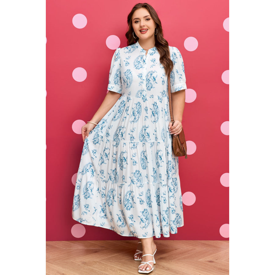 Sky Blue Plus Size Geometric Floral Print Button Split Neck Short Sleeve Maxi Dress Plus Size/Plus Size Dresses/Plus Size Maxi Dresses
