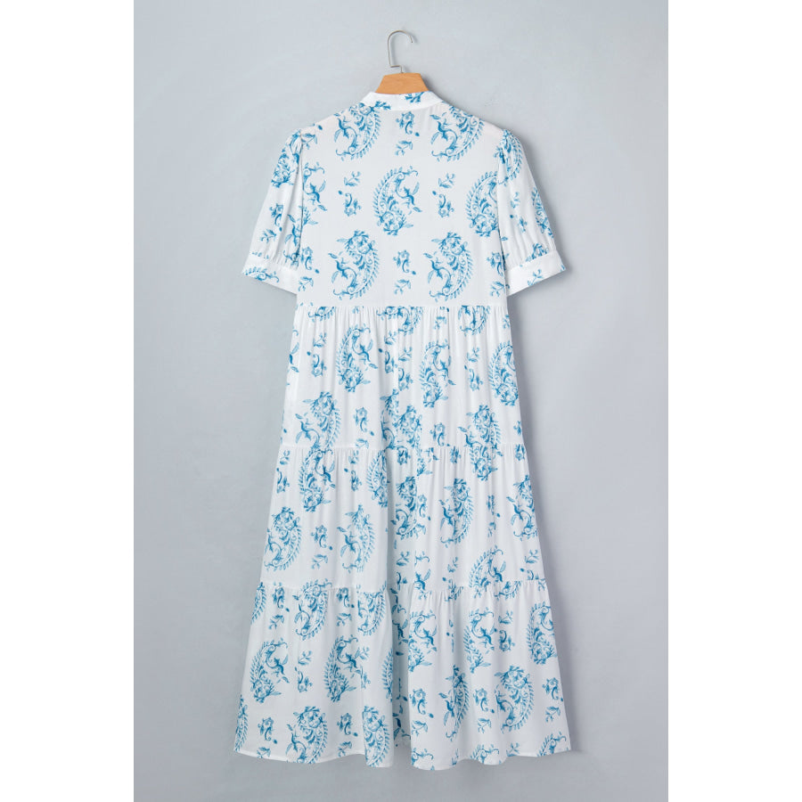 Sky Blue Plus Size Geometric Floral Print Button Split Neck Short Sleeve Maxi Dress Plus Size/Plus Size Dresses/Plus Size Maxi Dresses