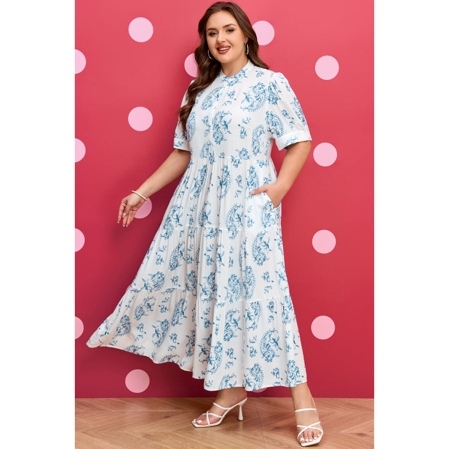 Sky Blue Plus Size Geometric Floral Print Button Split Neck Short Sleeve Maxi Dress Plus Size/Plus Size Dresses/Plus Size Maxi Dresses