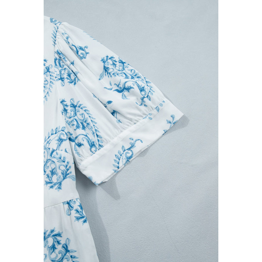 Sky Blue Plus Size Geometric Floral Print Button Split Neck Short Sleeve Maxi Dress Plus Size/Plus Size Dresses/Plus Size Maxi Dresses