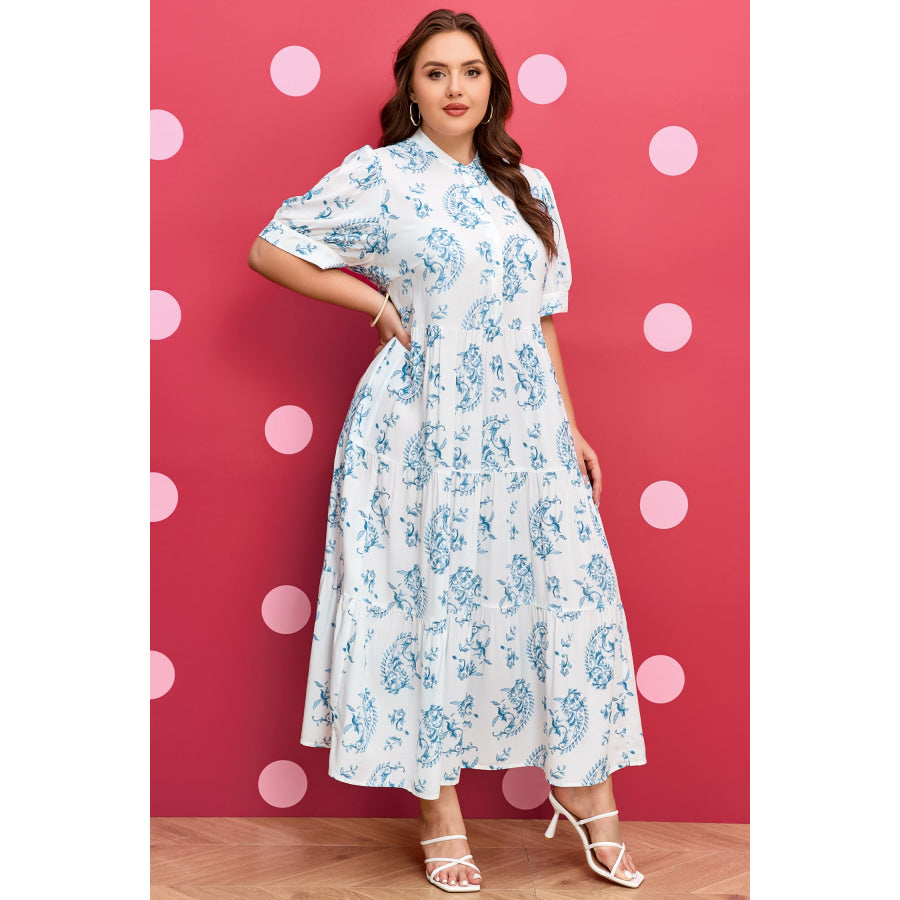 Sky Blue Plus Size Geometric Floral Print Button Split Neck Short Sleeve Maxi Dress Plus Size/Plus Size Dresses/Plus Size Maxi Dresses