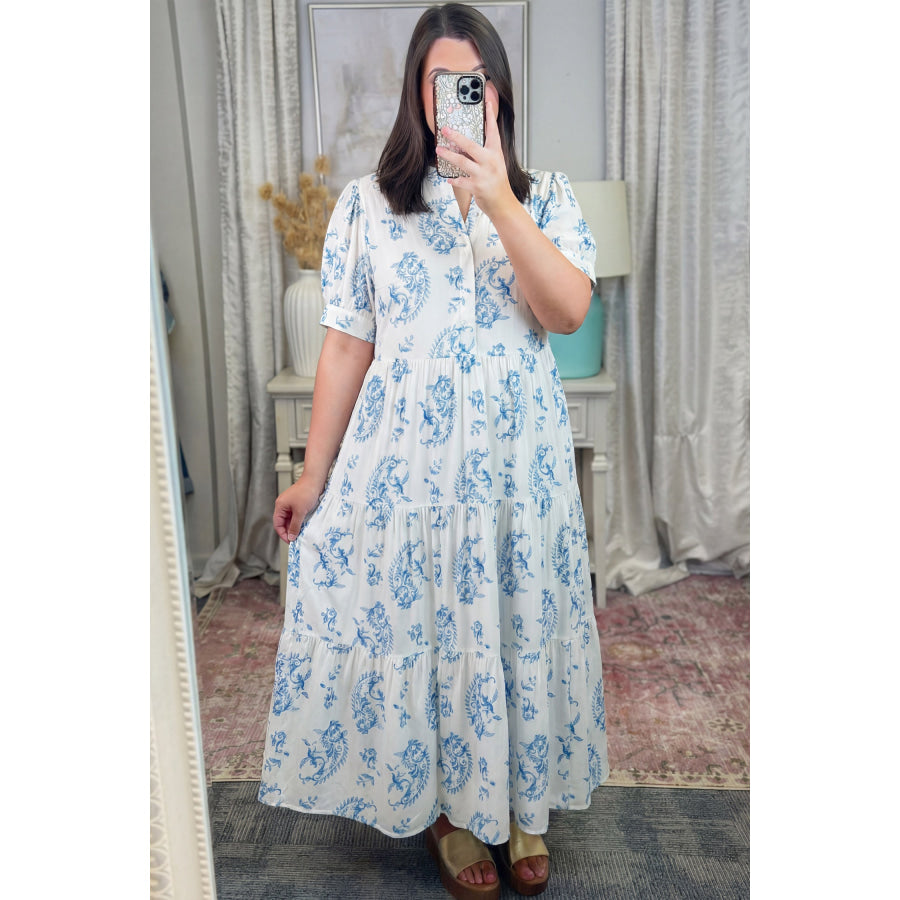 Sky Blue Plus Size Geometric Floral Print Button Split Neck Short Sleeve Maxi Dress Plus Size/Plus Size Dresses/Plus Size Maxi Dresses