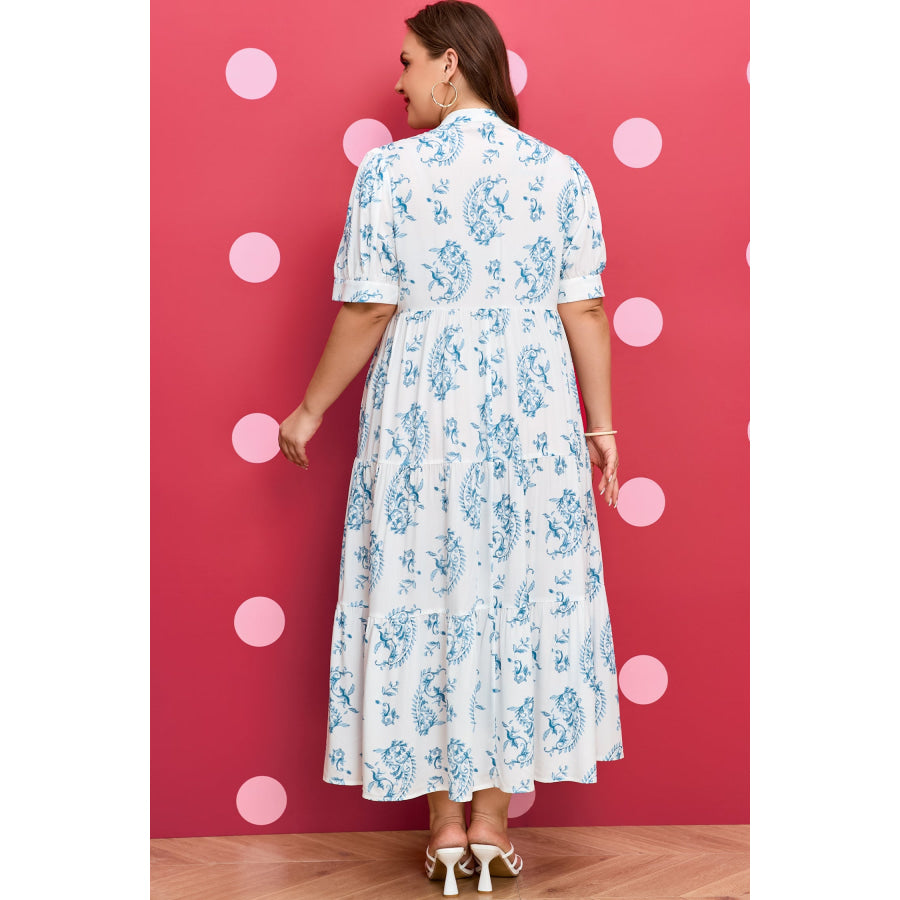 Sky Blue Plus Size Geometric Floral Print Button Split Neck Short Sleeve Maxi Dress Plus Size/Plus Size Dresses/Plus Size Maxi Dresses