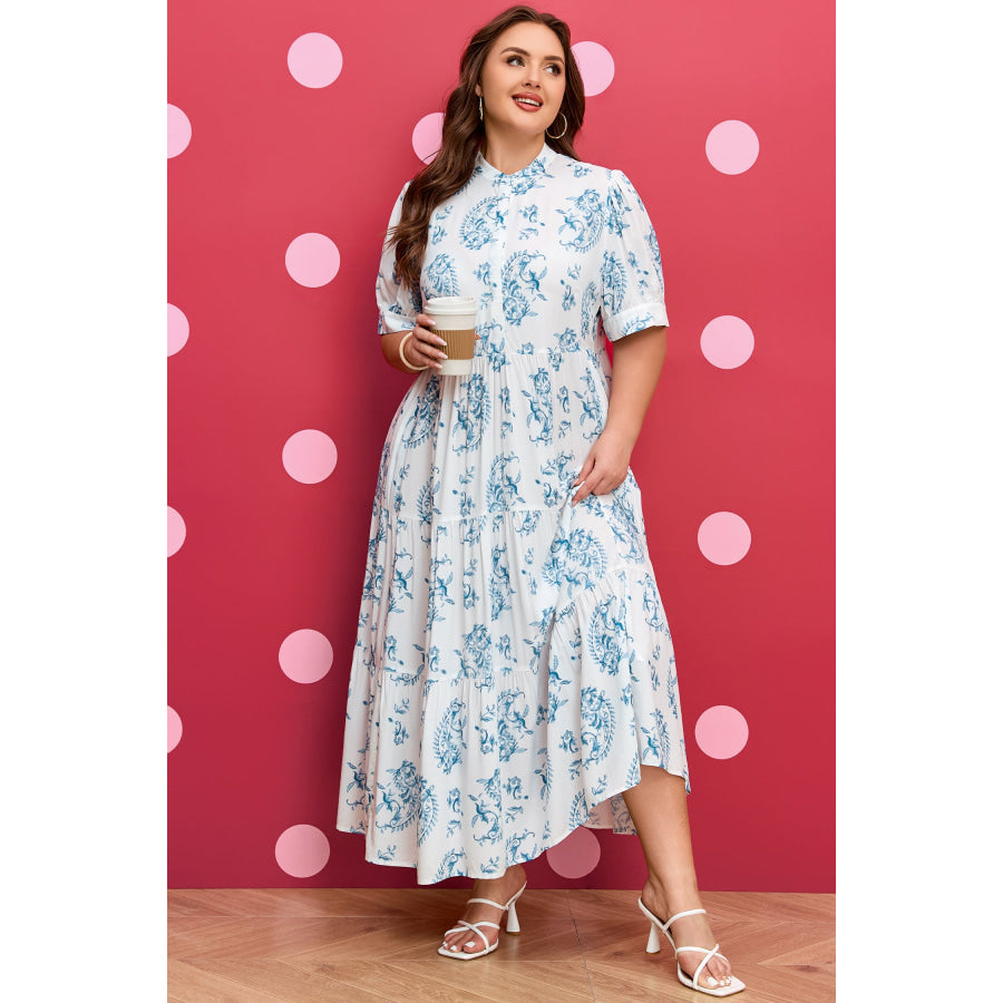 Sky Blue Plus Size Geometric Floral Print Button Split Neck Short Sleeve Maxi Dress Plus Size/Plus Size Dresses/Plus Size Maxi Dresses