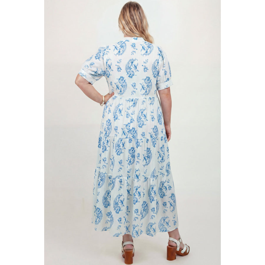 Sky Blue Plus Size Geometric Floral Print Button Split Neck Short Sleeve Maxi Dress Plus Size/Plus Size Dresses/Plus Size Maxi Dresses