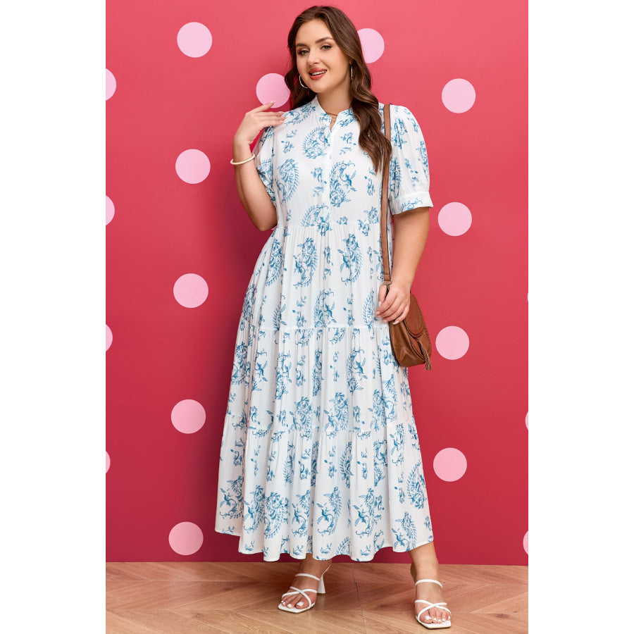 Sky Blue Plus Size Geometric Floral Print Button Split Neck Short Sleeve Maxi Dress Plus Size/Plus Size Dresses/Plus Size Maxi Dresses
