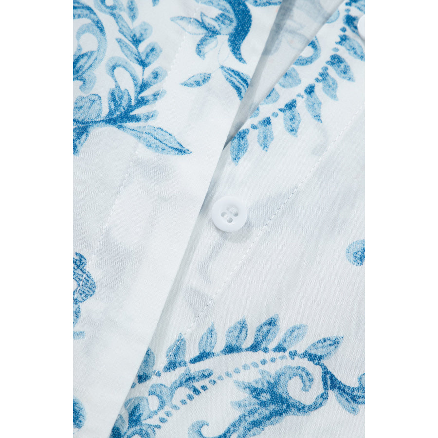 Sky Blue Plus Size Geometric Floral Print Button Split Neck Short Sleeve Maxi Dress Plus Size/Plus Size Dresses/Plus Size Maxi Dresses
