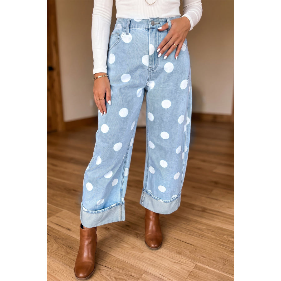 Sky Blue Polka Dot Ankle-Length Metal Button Casual Jeans Sky Blue / 4 Bottoms/Jeans