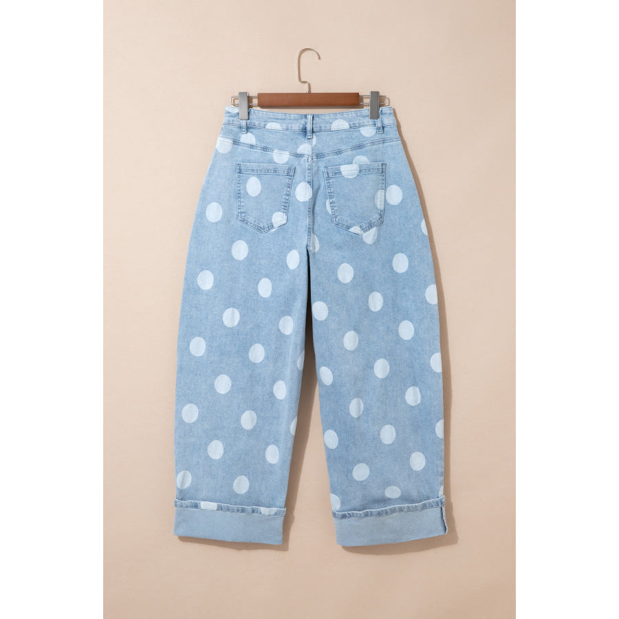 Sky Blue Polka Dot Ankle-Length Metal Button Casual Jeans Bottoms/Jeans