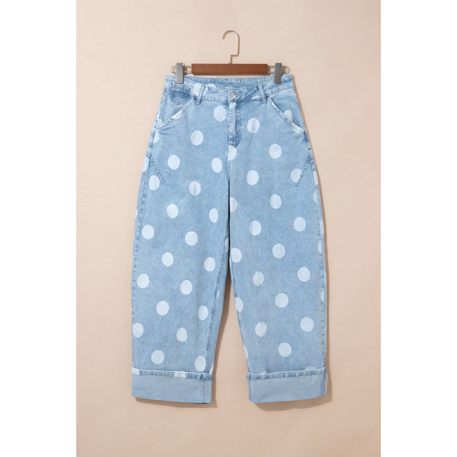 Sky Blue Polka Dot Ankle-Length Metal Button Casual Jeans Bottoms/Jeans