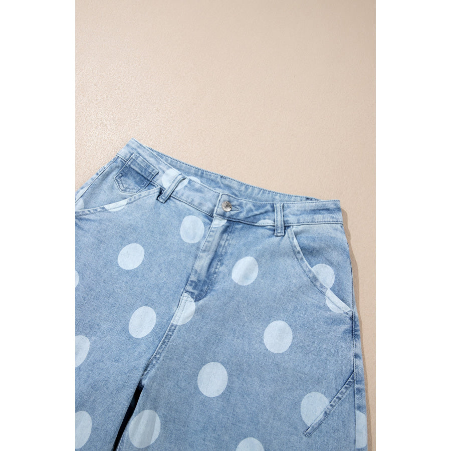 Sky Blue Polka Dot Ankle-Length Metal Button Casual Jeans Bottoms/Jeans