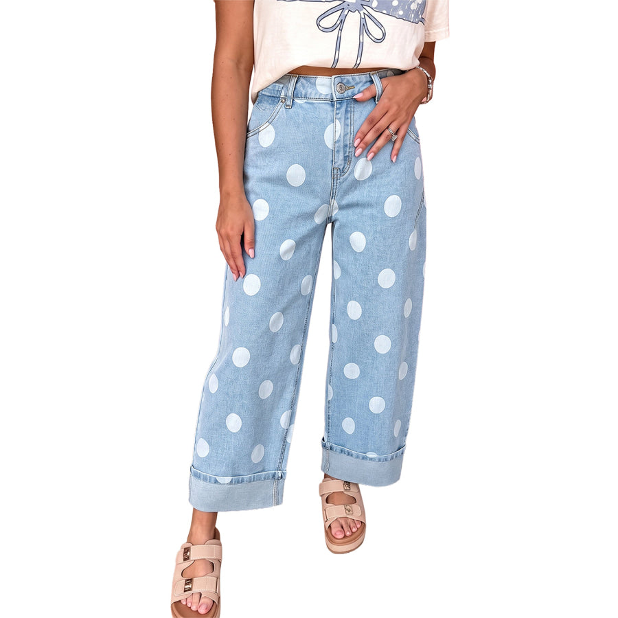 Sky Blue Polka Dot Ankle-Length Metal Button Casual Jeans Bottoms/Jeans