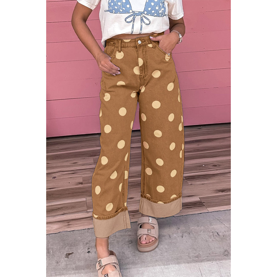 Sky Blue Polka Dot Ankle-Length Metal Button Casual Jeans Bottoms/Jeans