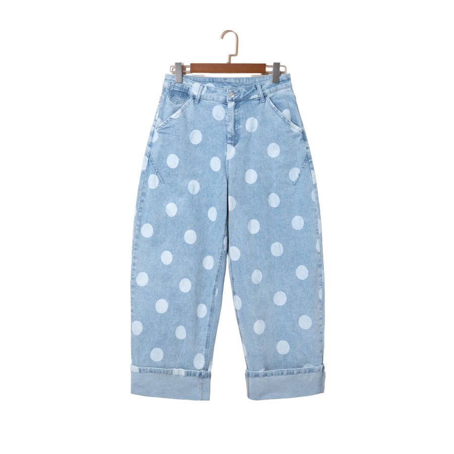 Sky Blue Polka Dot Ankle-Length Metal Button Casual Jeans Bottoms/Jeans